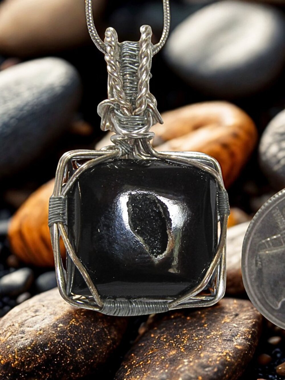 Handmade Wire Wrapped Obsidian Druzy Crystal Necklace, Silver filled wire coated
